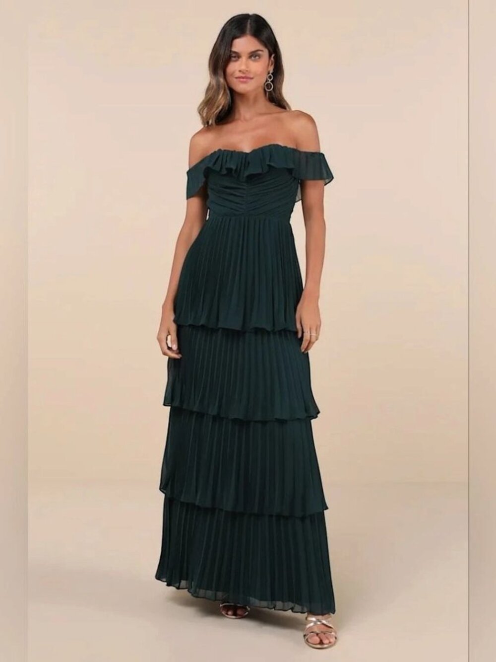 Lulus Size Large Always Remarkable Emerald Pleated Off-the-Shoulder Maxi Dress